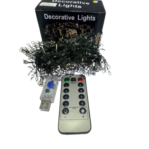 Гирлянда светодиодная. Фейерверк (Мишура). Зеленая  проволка. 10 м. 300 Led. Теплый свет. Пульт (8  режимов)