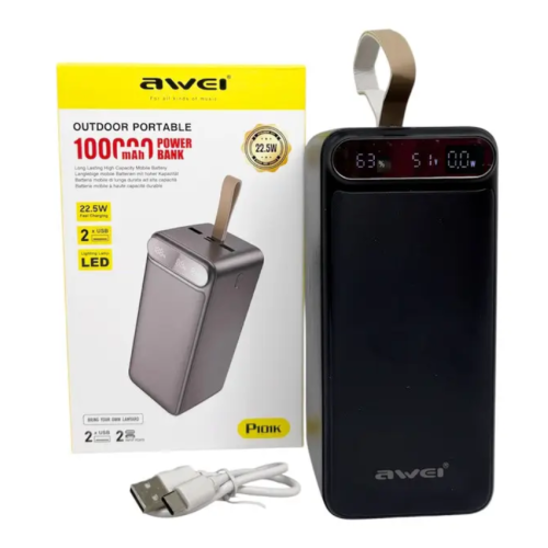 Power Bank AWEI 100000 mAh з LED дисплеєм, портативний зарядний пристрій